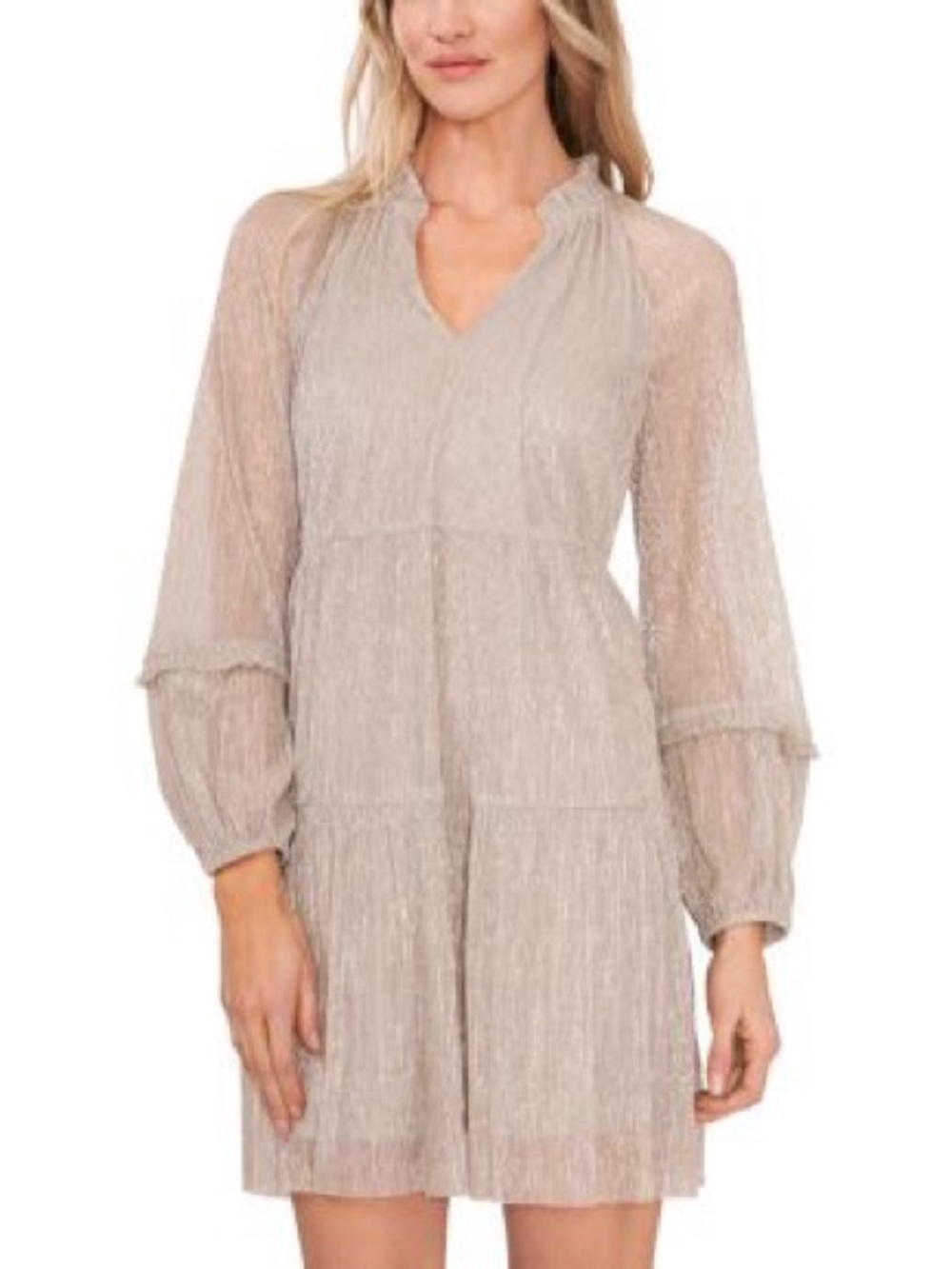 CeCe Shimmer-Neck Pleated Mini Dress in Light Beige